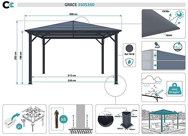 Kiosque de jardin GRACE 3,5x3,5m aluminium Gris anthracite