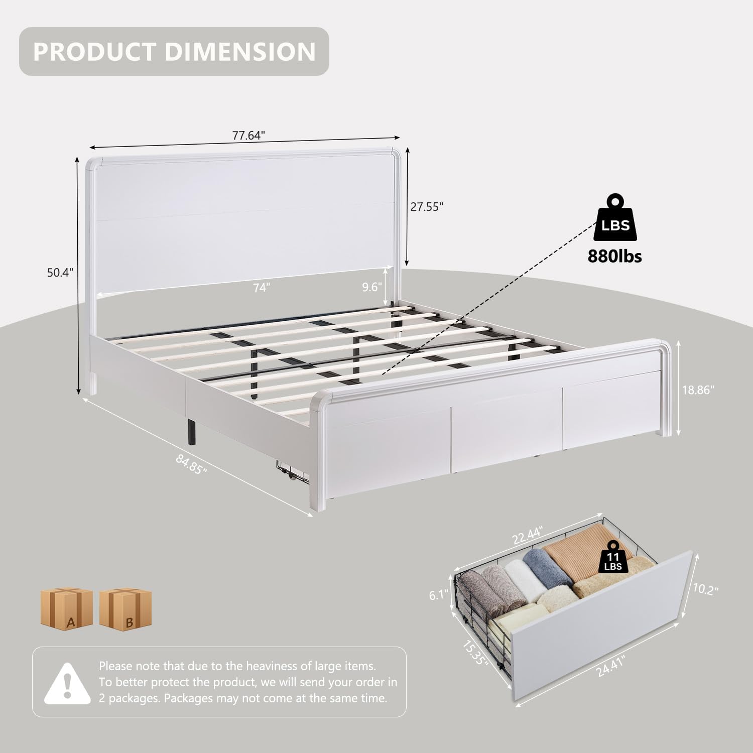 Modern King Size Bed Frame with 50 Tall Headboard, Wood King Size Platform Bed Frame w/3 Storage Drawers, Curved Profile Design, Wood & Steel Platform Bed, No Box Spring Needed, White
