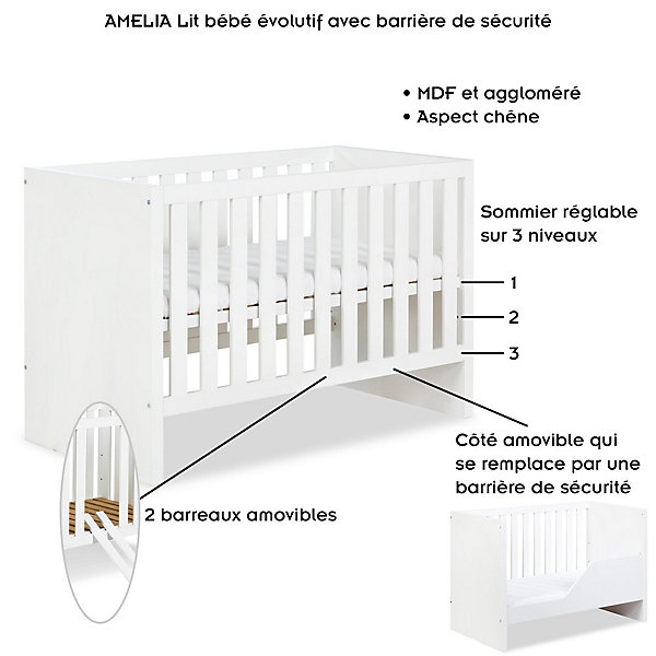 Lit Bébé évolutif Avec Barrière De Sécurité 120x60 Blanc