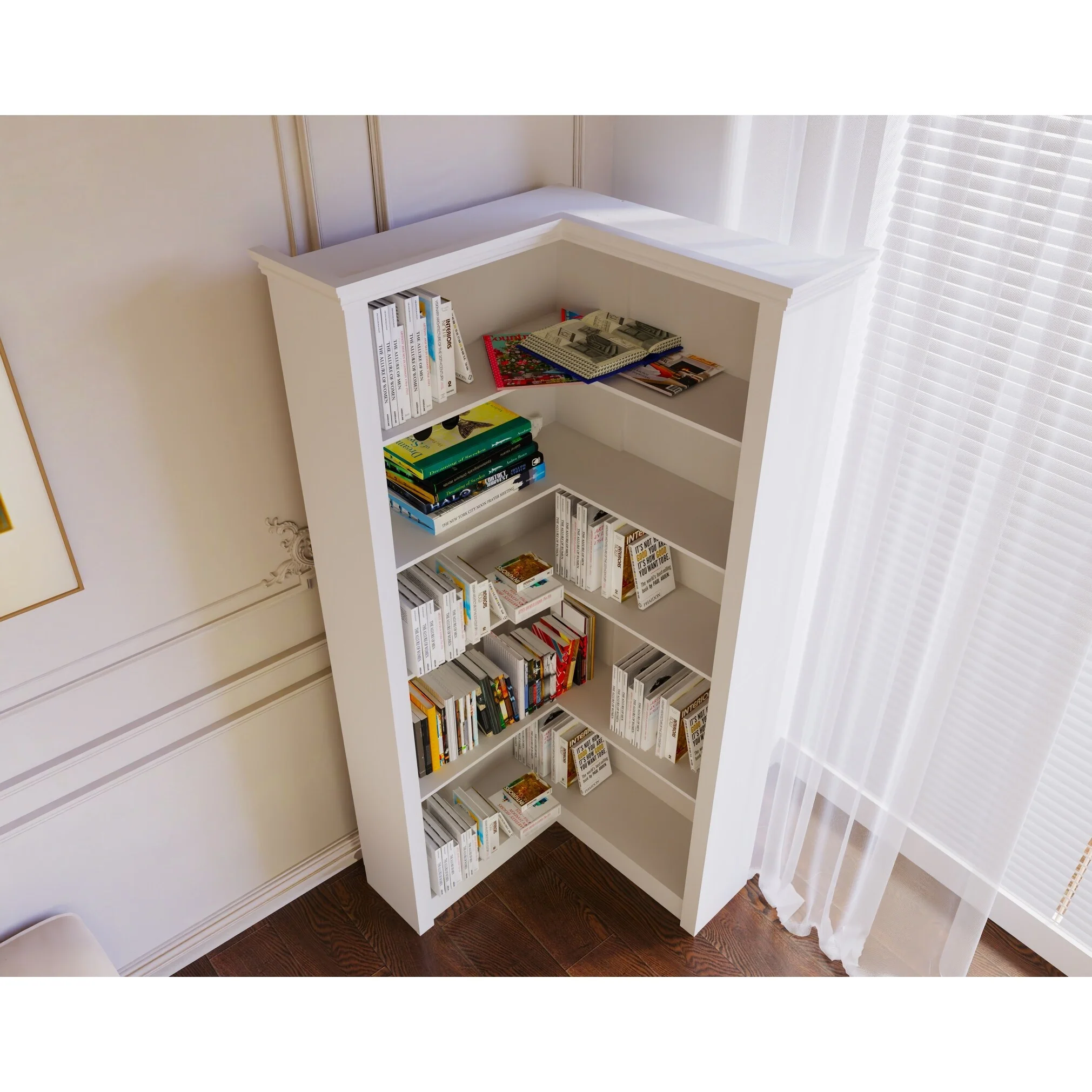 5-Tier Corner Bookshelf, 32 Tall Open Storage Shelf - Adjustable Height Wooden Bookcase for Living Room, Bedroom