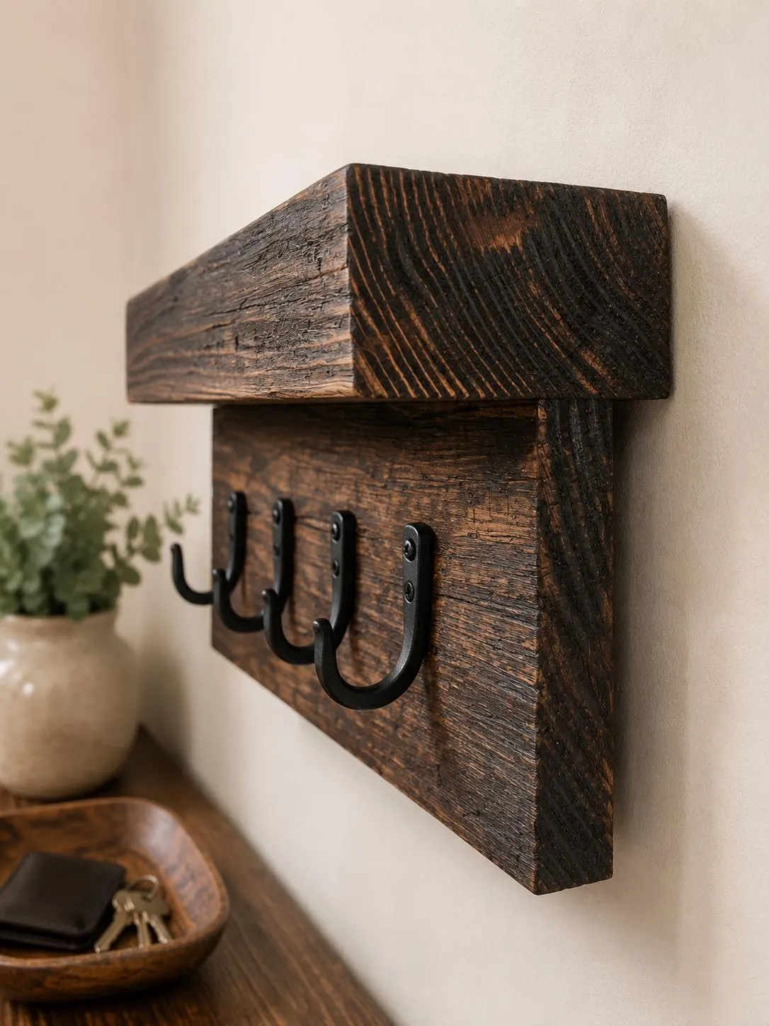 Rustic Solid Wood Key Holder with Shelf | Entryway Organizer, Black Metal Hooks