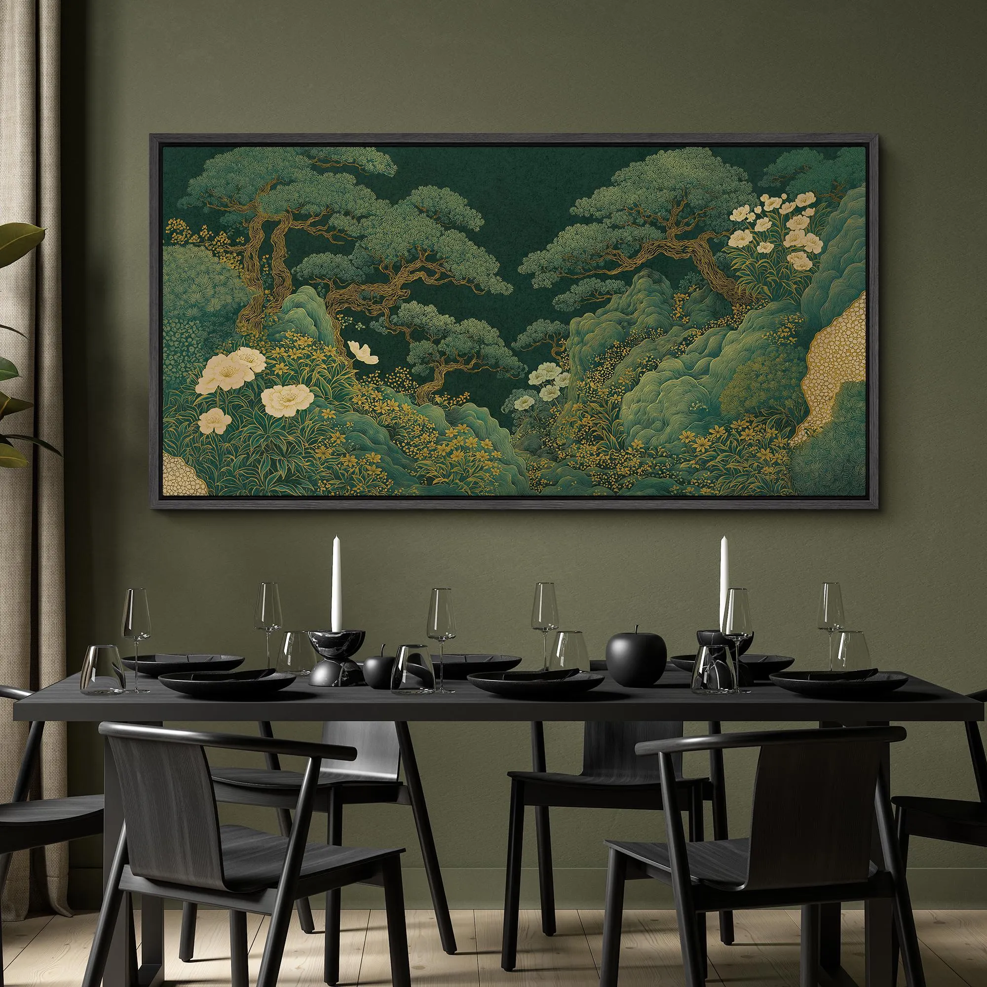 Large Framed Asian Botanical Landscape Wall Art, Japanese Style Pine Tree Garden Canvas Print, Oriental Nature Decor for Living Room