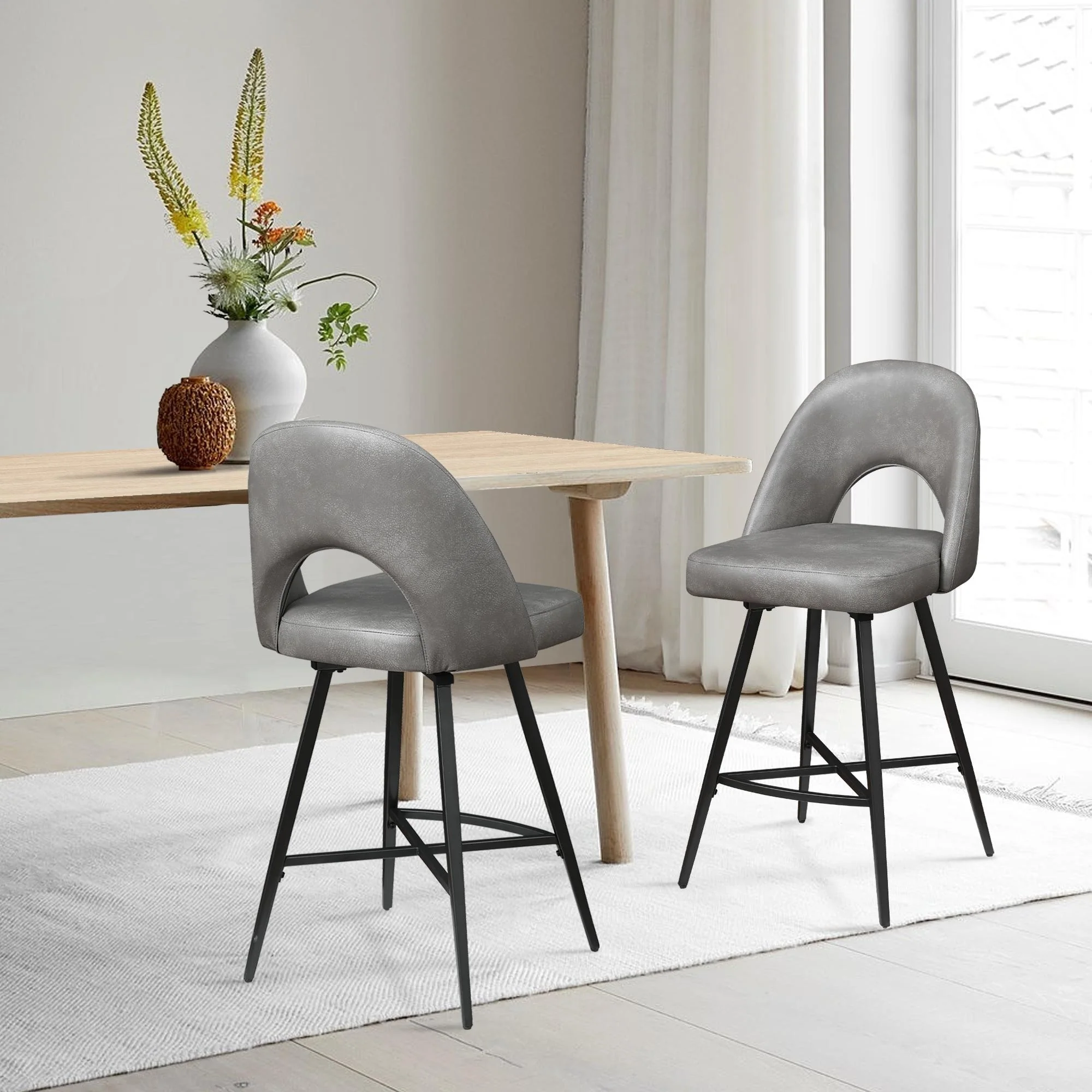 Accent Chair Barstools Counter Height Swivel Set of 2, Faux Leather