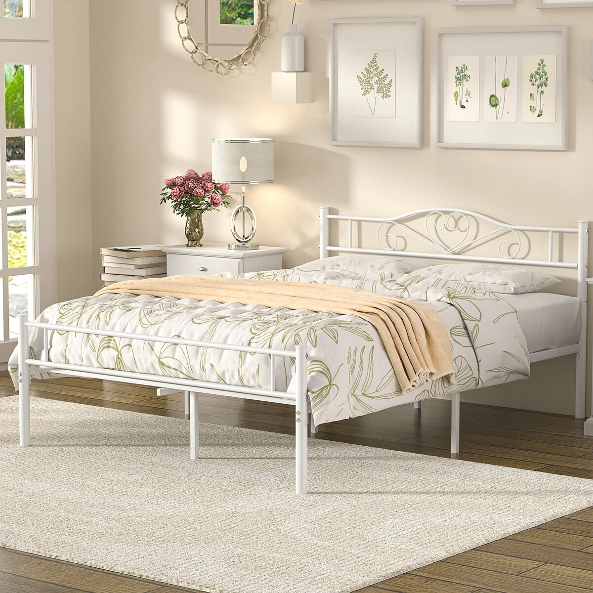 Javlergo Queen Size Metal Platform Bed Frame with Headboard and Footboard, White