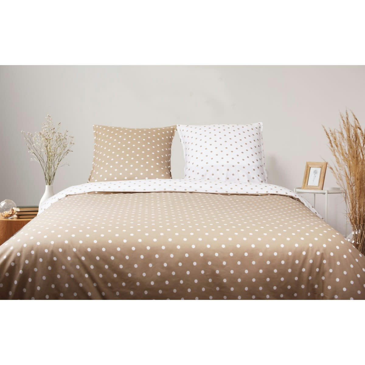 IMPRIMÉ POIS CAPUCCINO - Parure de lit 2 personnes housse de couette 240x220 cm+ 2 TO 65x65 cm