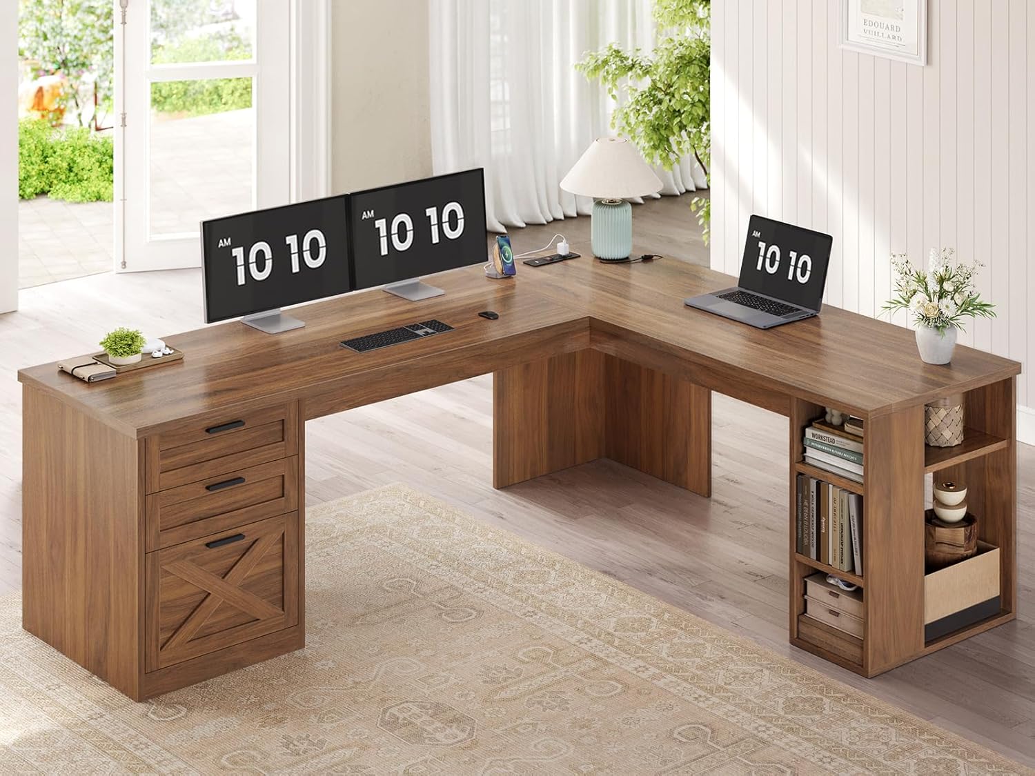 SEDETA 67 Farmhouse L Shaped Desk with 3 Drawers, Executive Home Office Desks with Storage Shelves, Corner Computer Desk with Power Outlets for Home Office, Brown