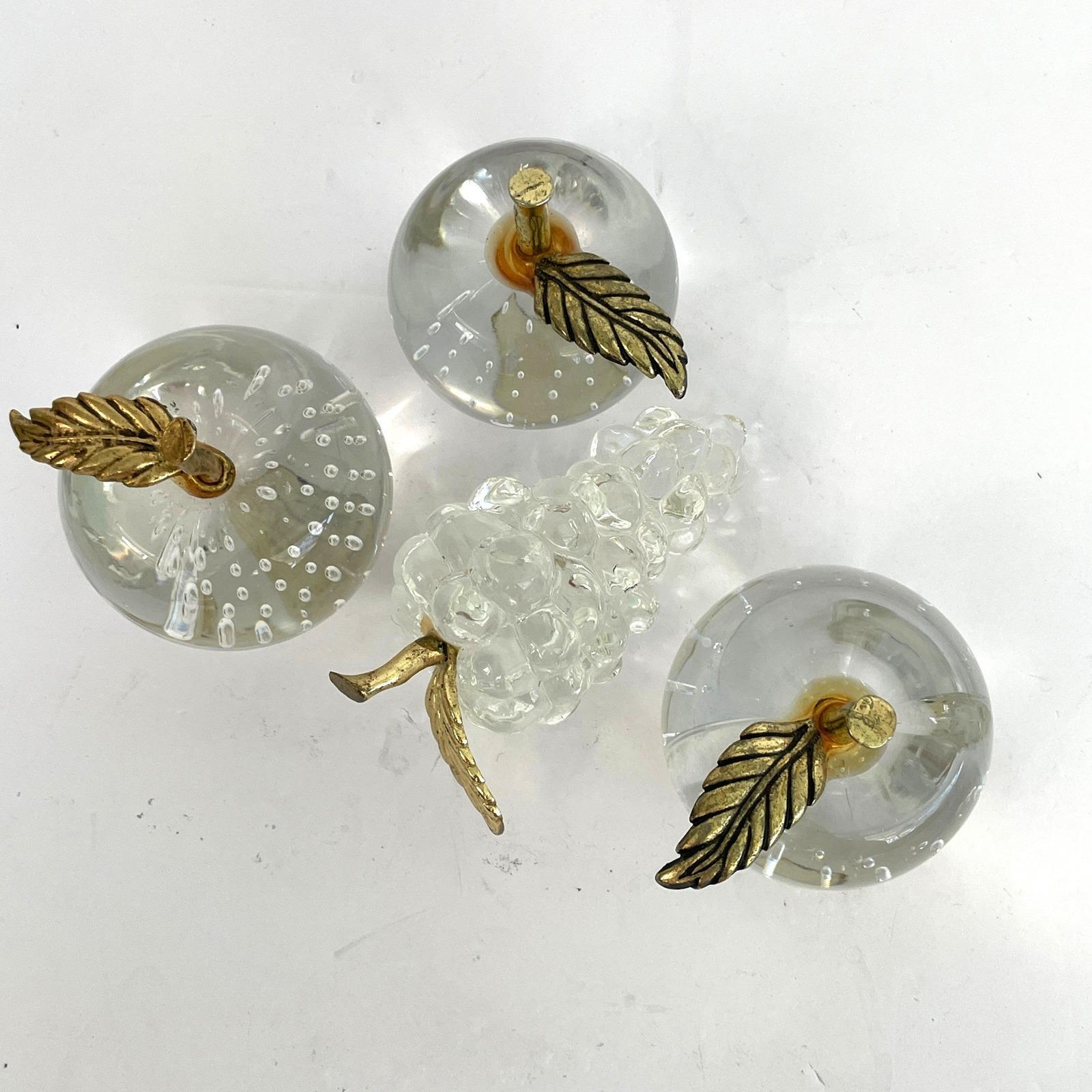 Vintage Clear Art Glass Fruit Paperweights Controlled Bubble Apple Grape Set 4