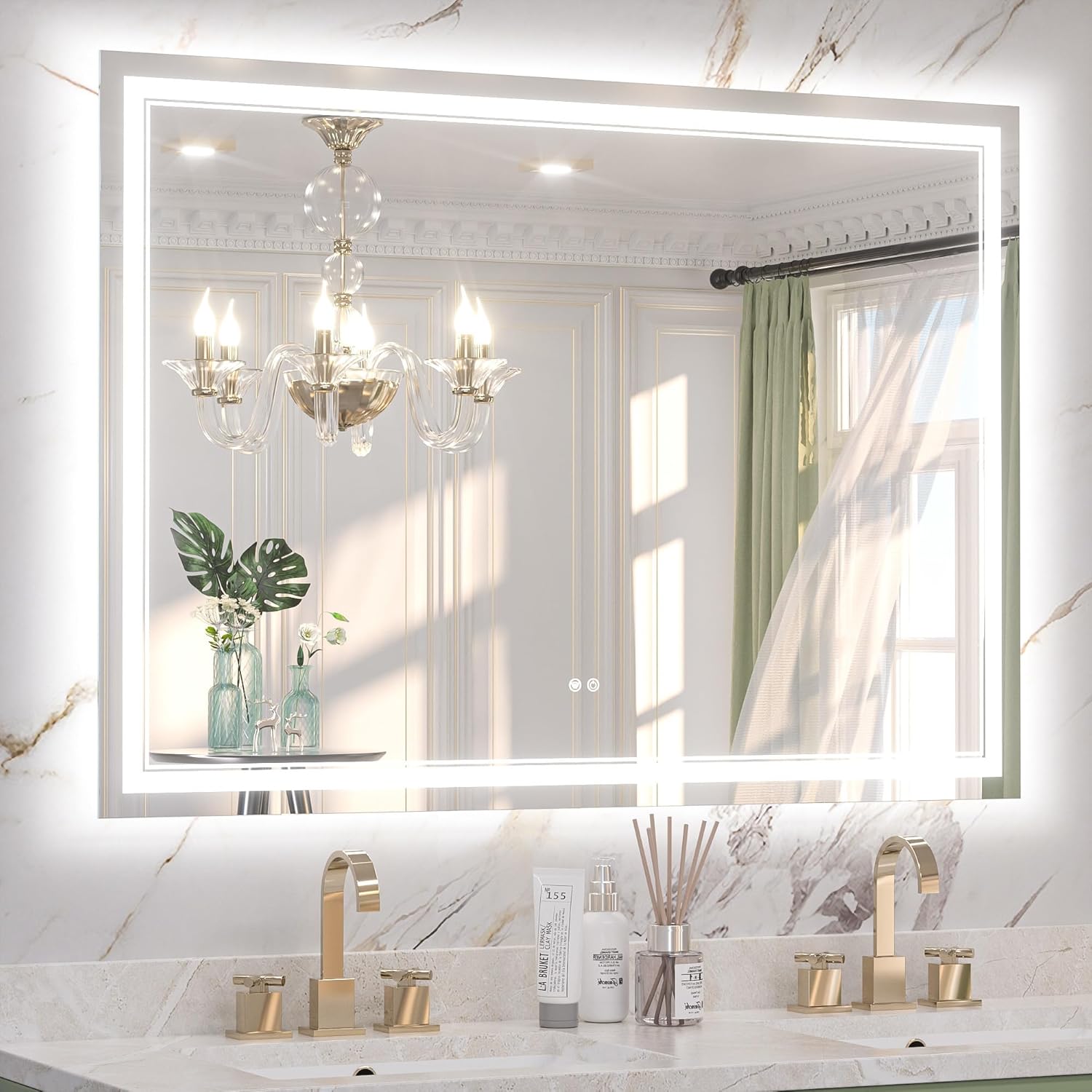 Keonjinn 50 x 36 Bathroom LED Mirror, Front & Back Lighted Mirror for Bathroom Wall, Tempered Glass, Safe Defogger, 3 Color Temperature, Dimmable, Memory Function, Light Up Vanity Mirror
