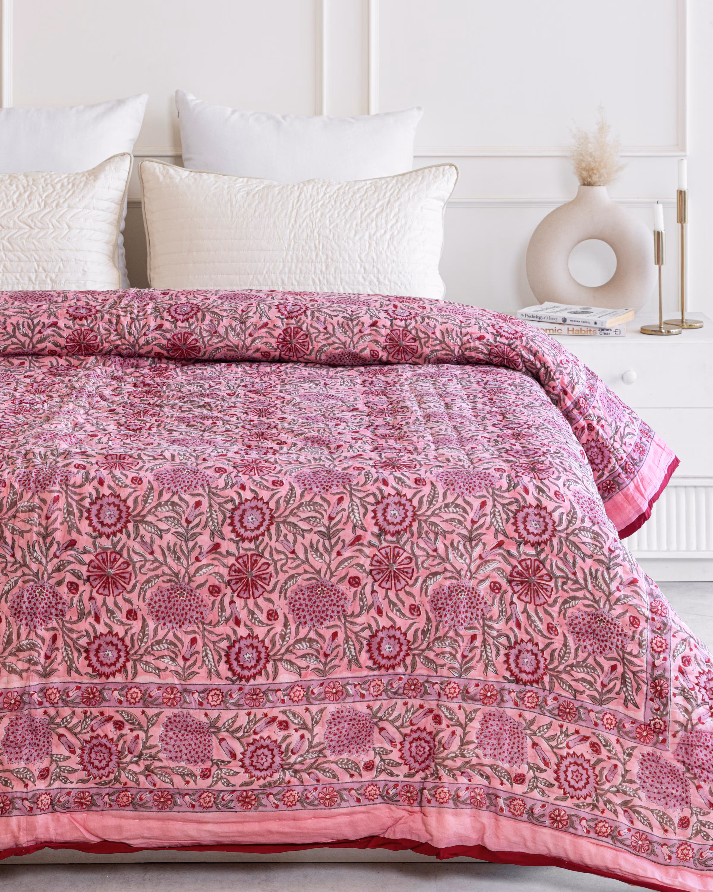 Rose Pink Cotton Quilt, Indian Hand Block Printed Quilt Bedspread, Floral Printed Queen Comforter, Soft Summer Blanket, All Season Quilt