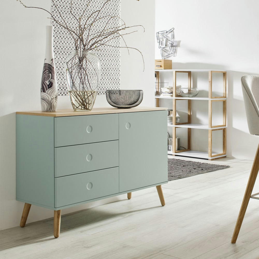 DOT - Buffet en bois 1 porte 3 tiroirs L109cm vert d'eau