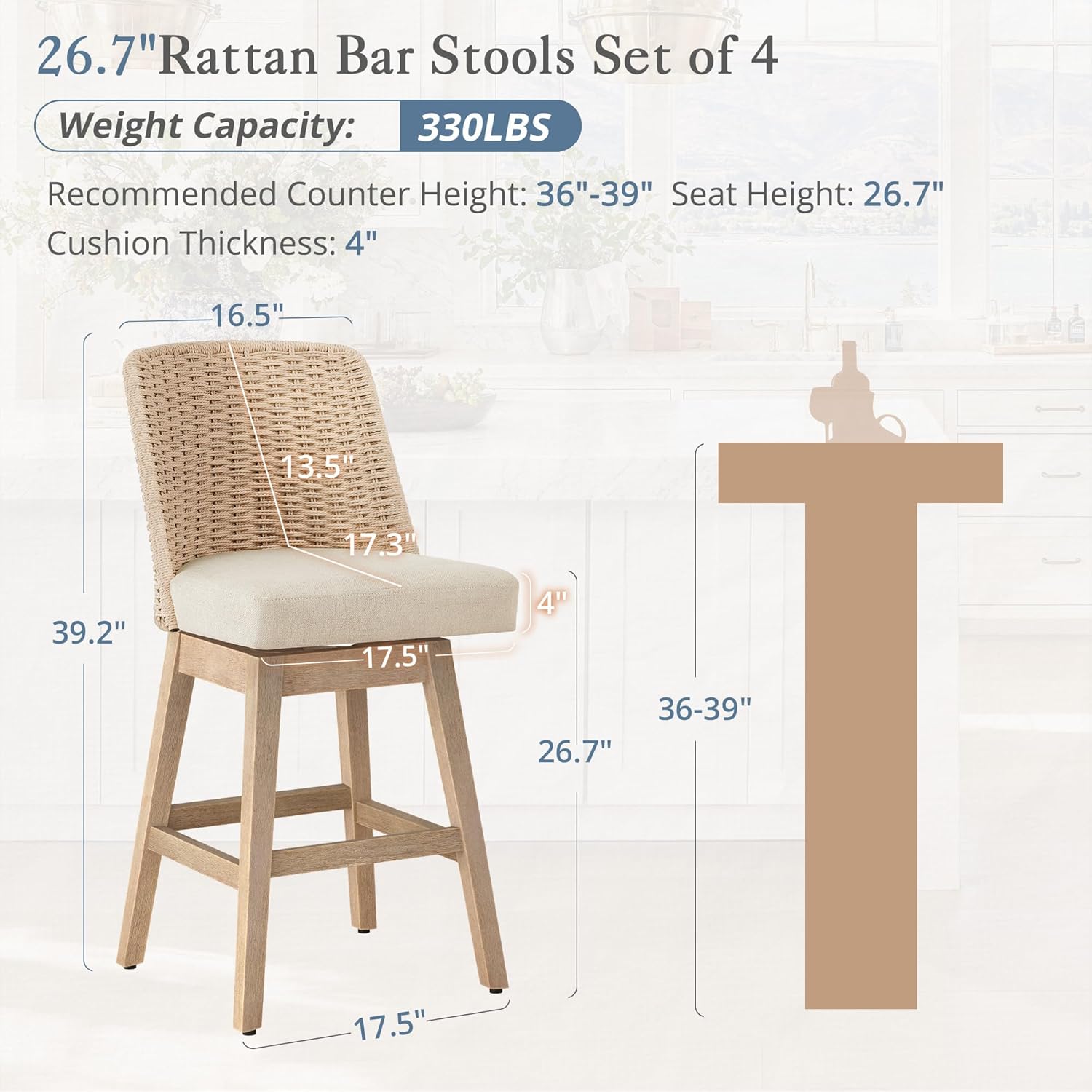 LUE BONA Rattan Bar Stools Set of 4, 27” Swivel Wooden Bars Stools with Thick Linen Seat, Handwoven Back & Wooden Leg, Counter Height for Kitchen Island, Apricot