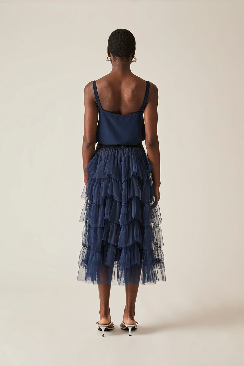 James Lakeland Organza Ruffle Navy Skirt