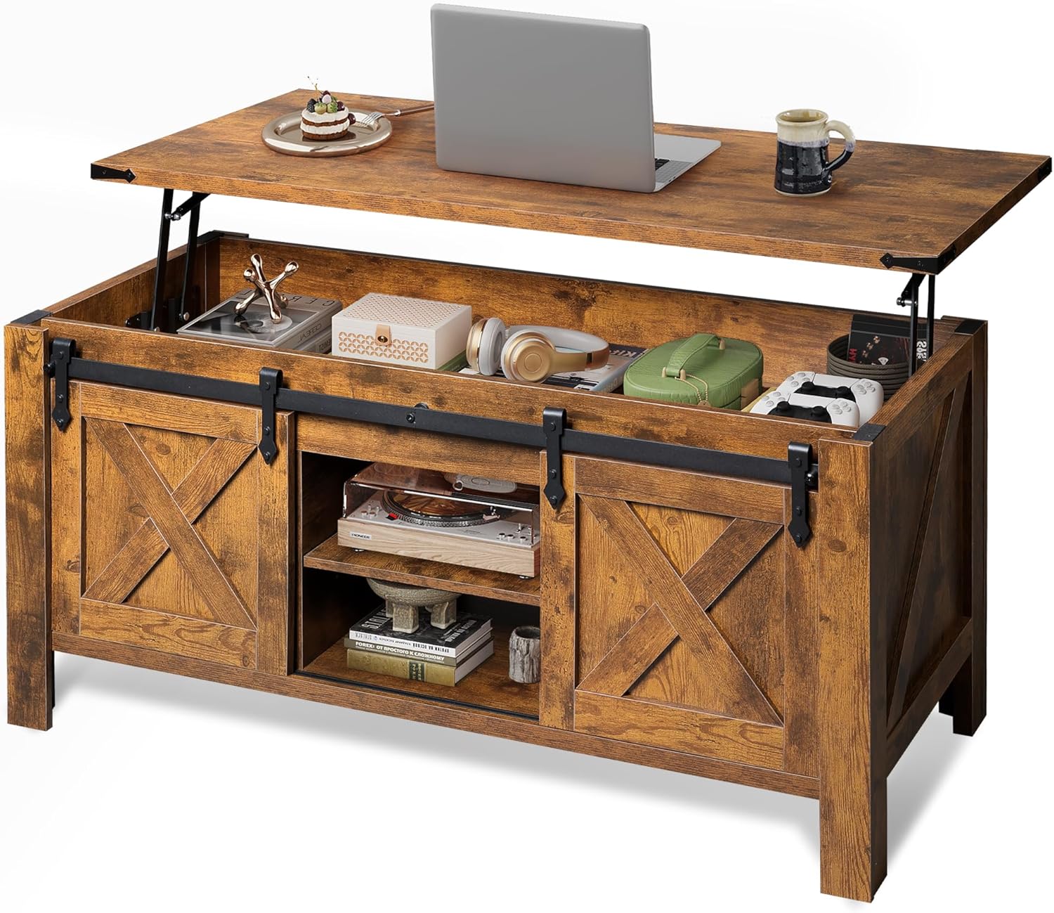 WLIVE 47.3 Farmhouse Lift Top Coffee Table with Sliding Barn Doors, Large Hidden Storage Compartment and Adjustable Shelf for Living Room,Office, Rustic Brown