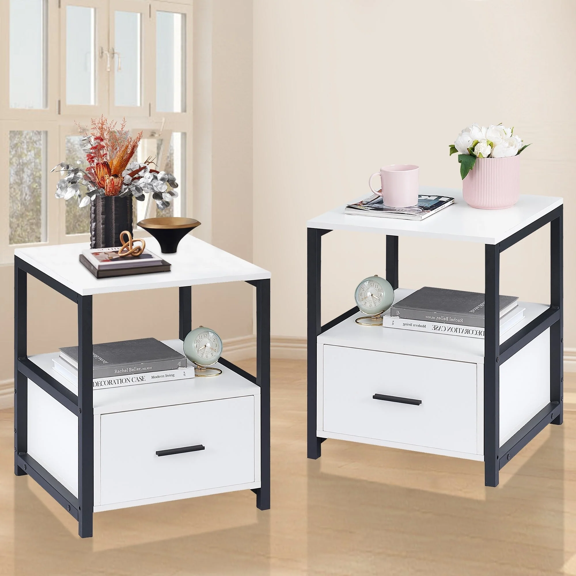 Javlergo (Set of 2) 1-Drawer Nightstand, Modern Square End Side Table for Bedroom, Living Room