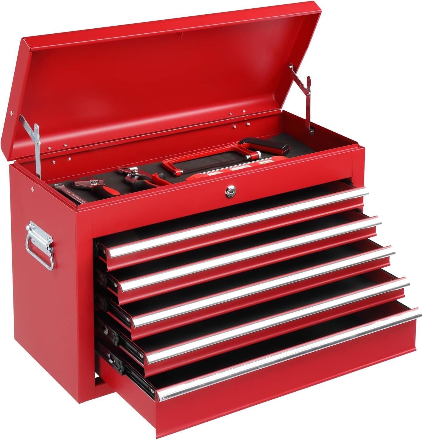 Winado 24 Metal Tool Box, Portable 5 Drawers Toolbox with Top Storage Tray, Carry Handle, Ball Bearing Runners, Lockable Tool Chest Cabinet for Garage, Warehouse, Repair Shop & Home, Red