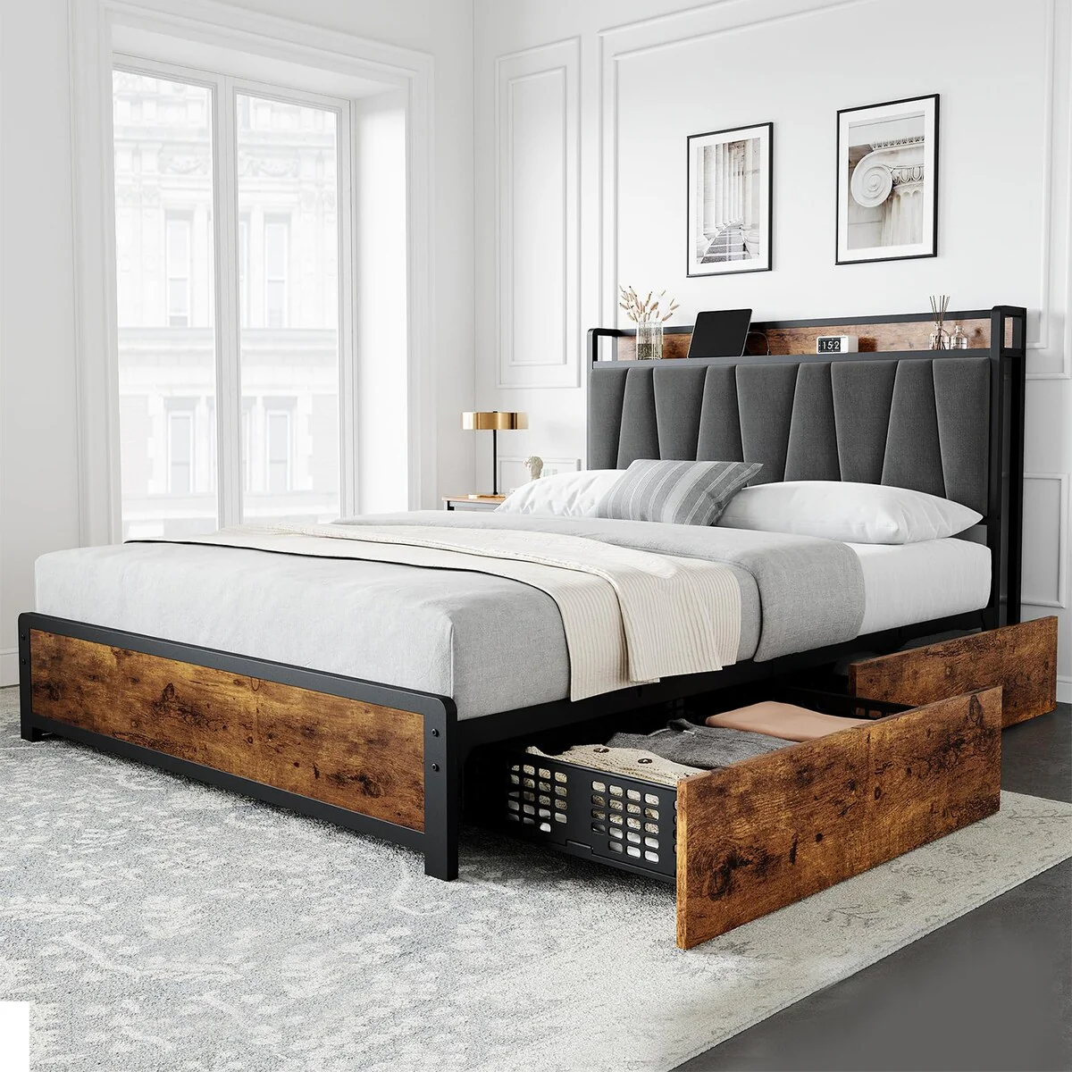 Upholstered Headboard Bed Frame with 4 Storage Drawers