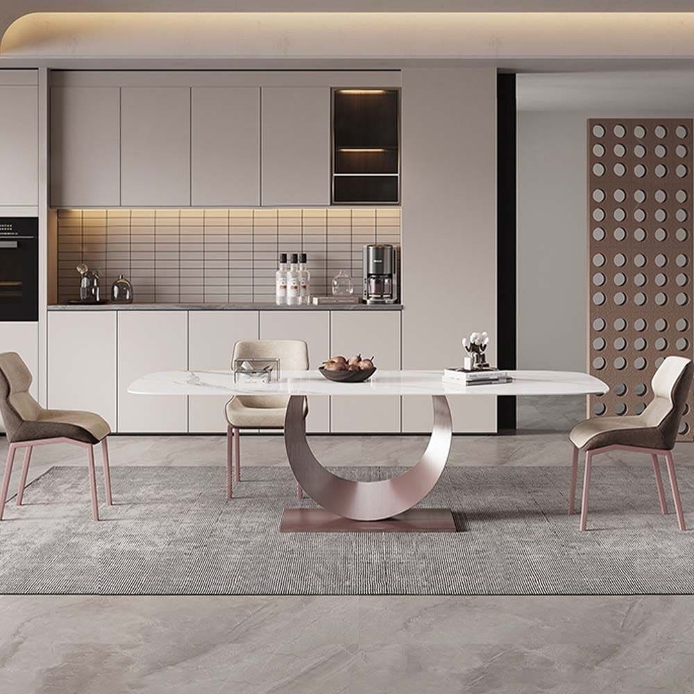 63&71Modern Luxe White Dining Table for 6 with Sintered Stone Tabletop，Crescent Moon Shape, Carbon Steel Legs