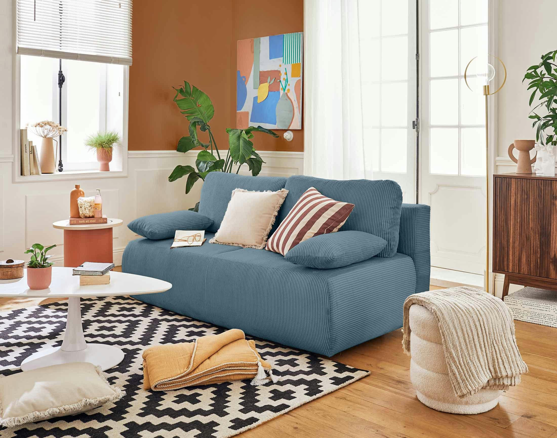 LOUTRO - Canapé droit convertible 3 places en velours côtelé bleu