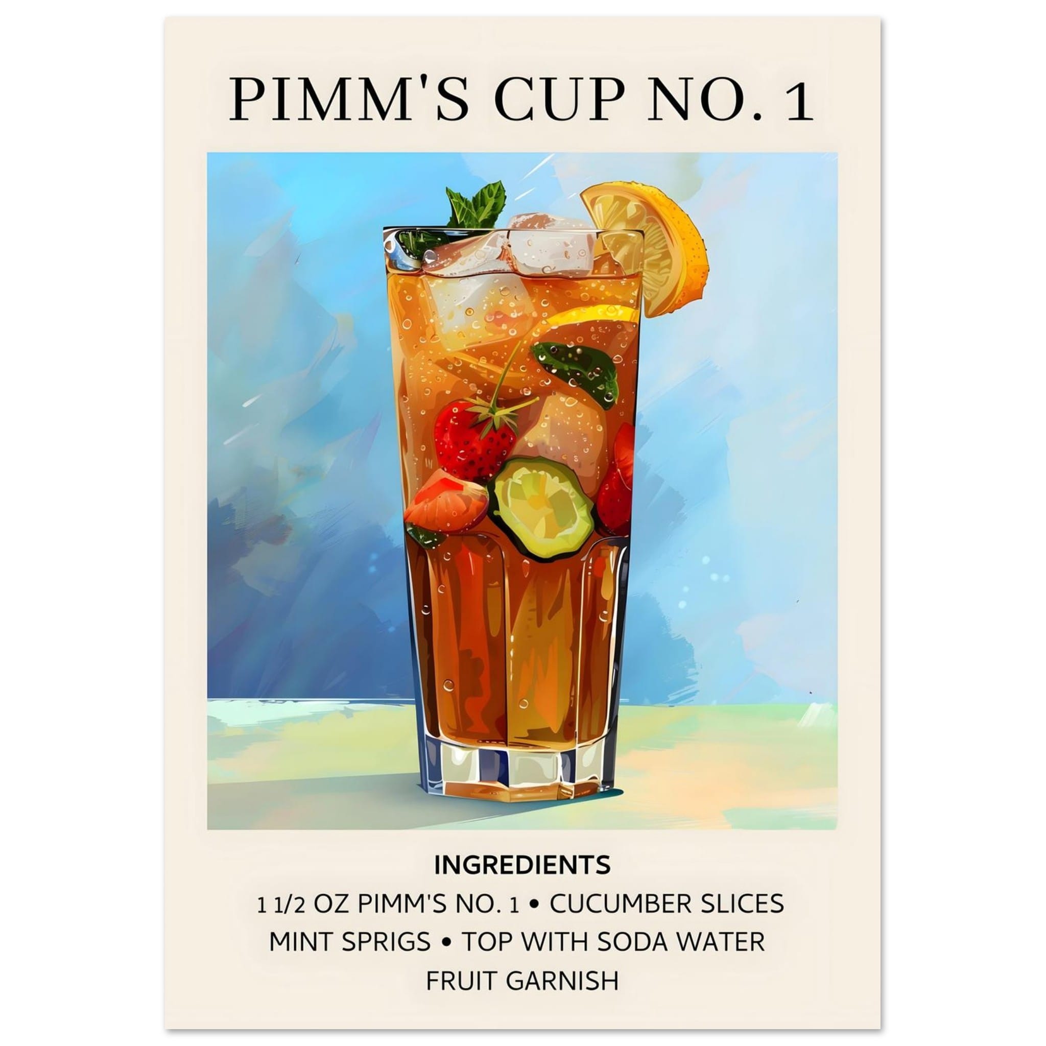 Artfulprints Poster Pimm's Cup No. 1 cocktail - Ingrediënten  - A4 21x29.7 cm - Blauw