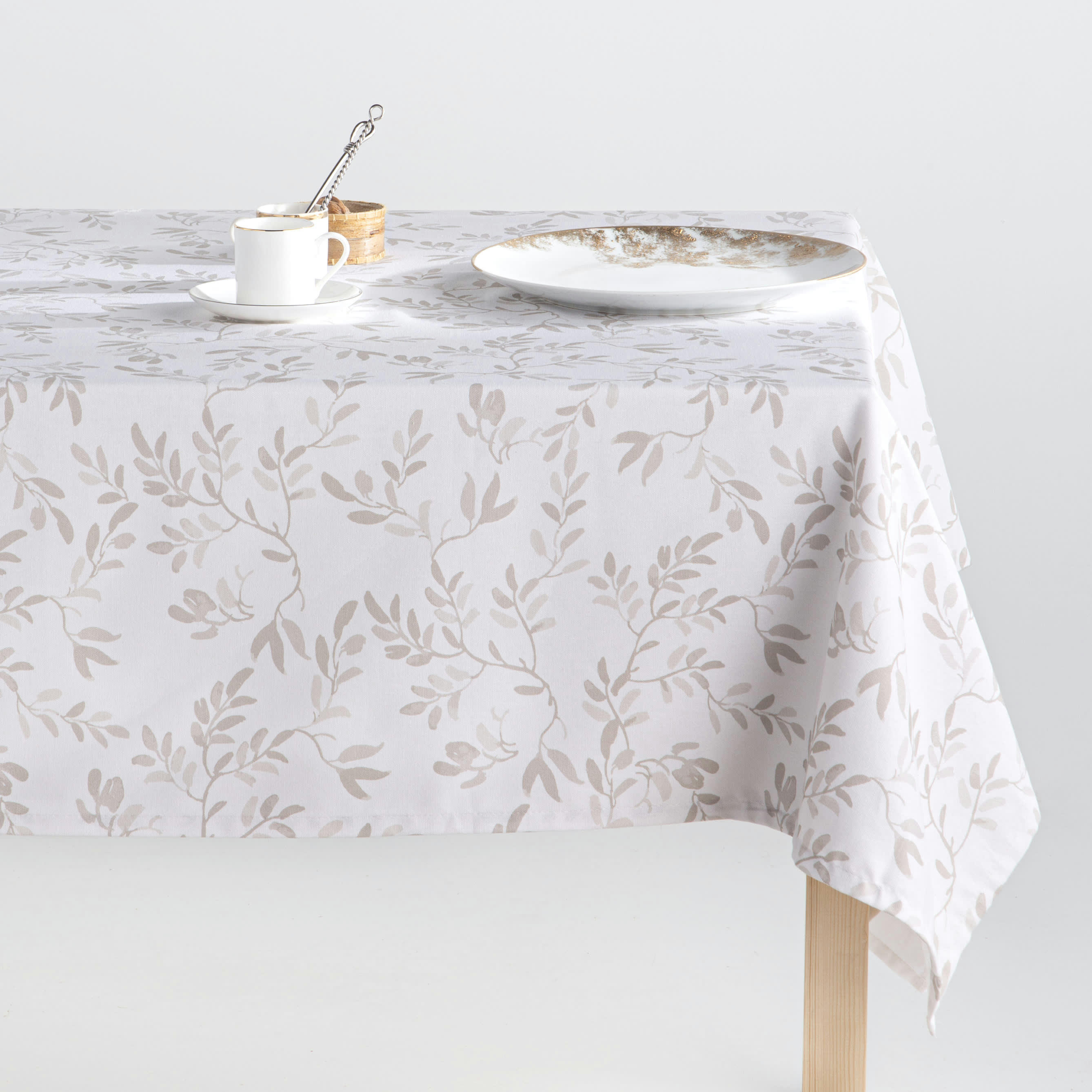 TANIA NATURAL - Nappe en coton biologique antitâche imprimée blanc 140x240 cm