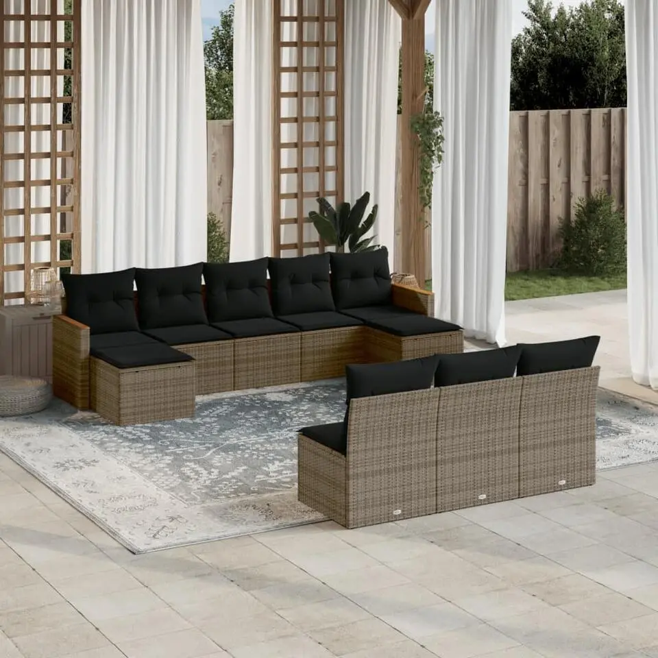 vidaXL 11-delige Loungeset met kussens en salontafel - Poly rattan - Grijs