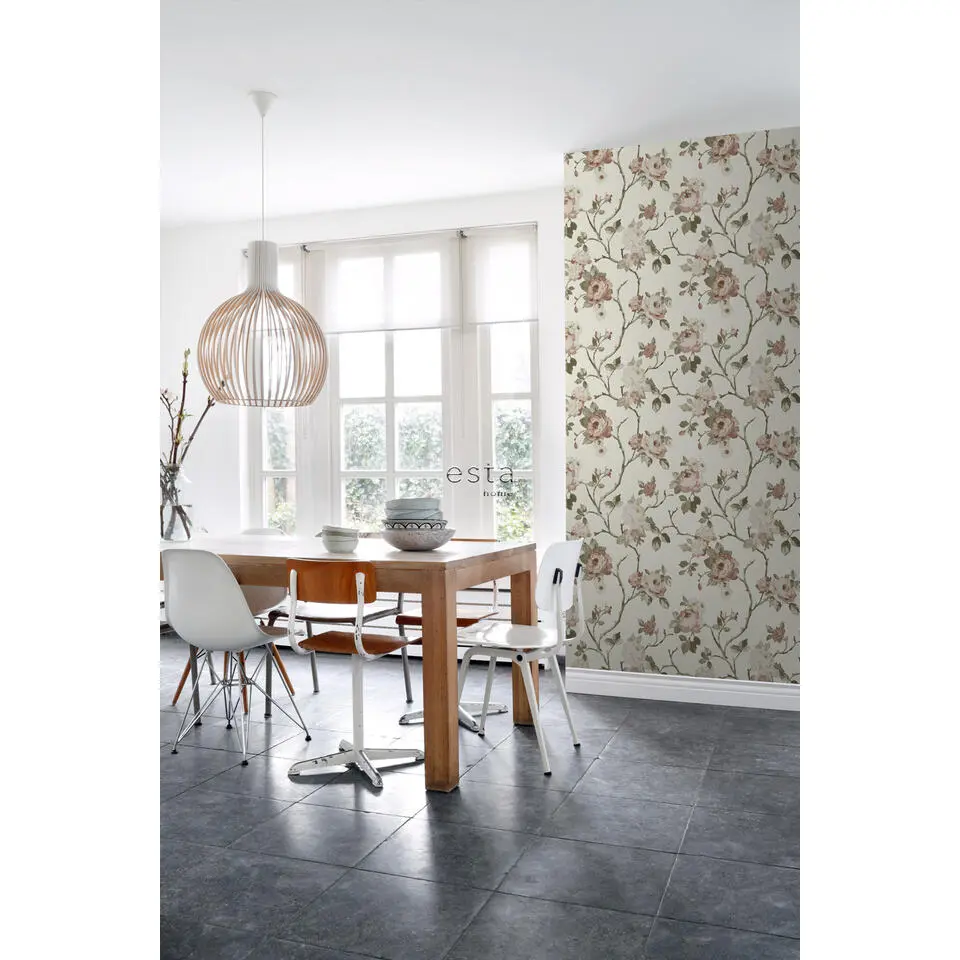 ESTAhome behang vintage bloemen gebroken wit en oudroze - 53 cm x 10.05 m