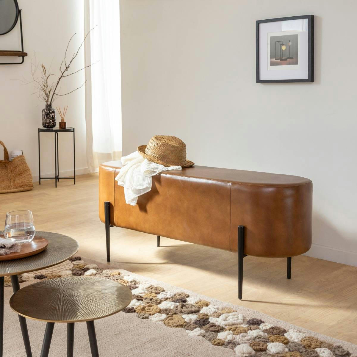 - Banc en cuir et croûte de cuir marron 120 cm