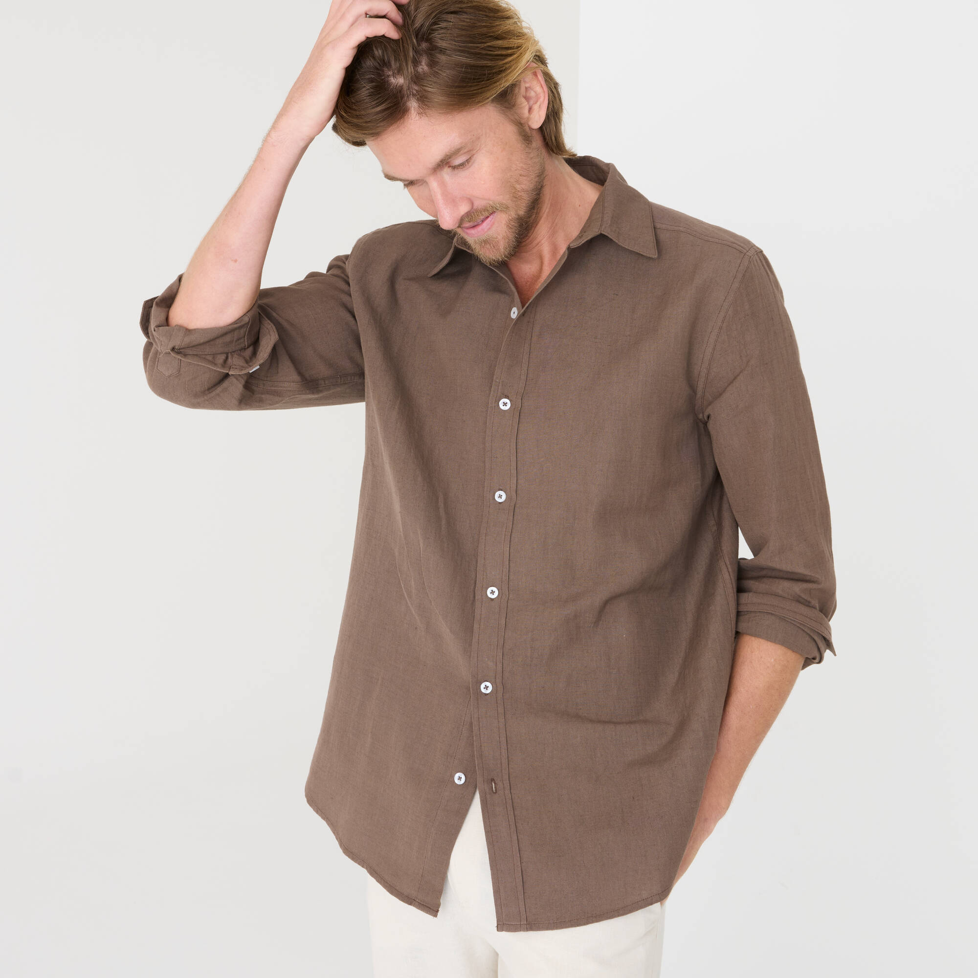 Chemise coton lin manches longues boutonnée