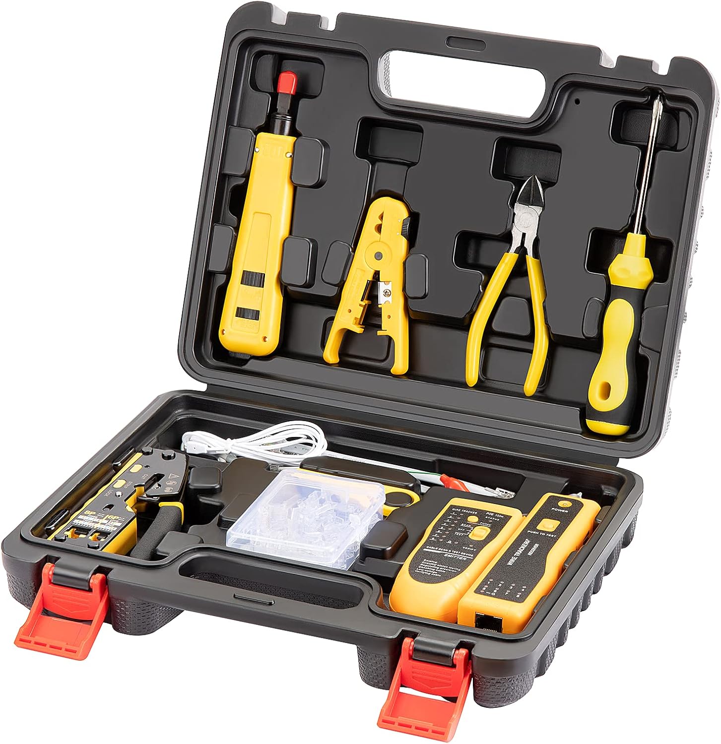 Gaobige Network Tool kit, RJ45 Crimp Tool kit Pass Through Crimper Cat6 Cat5 Cat5e Crimping Tool, Wire Tracker, 110/88 Punchdown Tool, Stripper, Cutter, Cat6 Pass Through Connectors