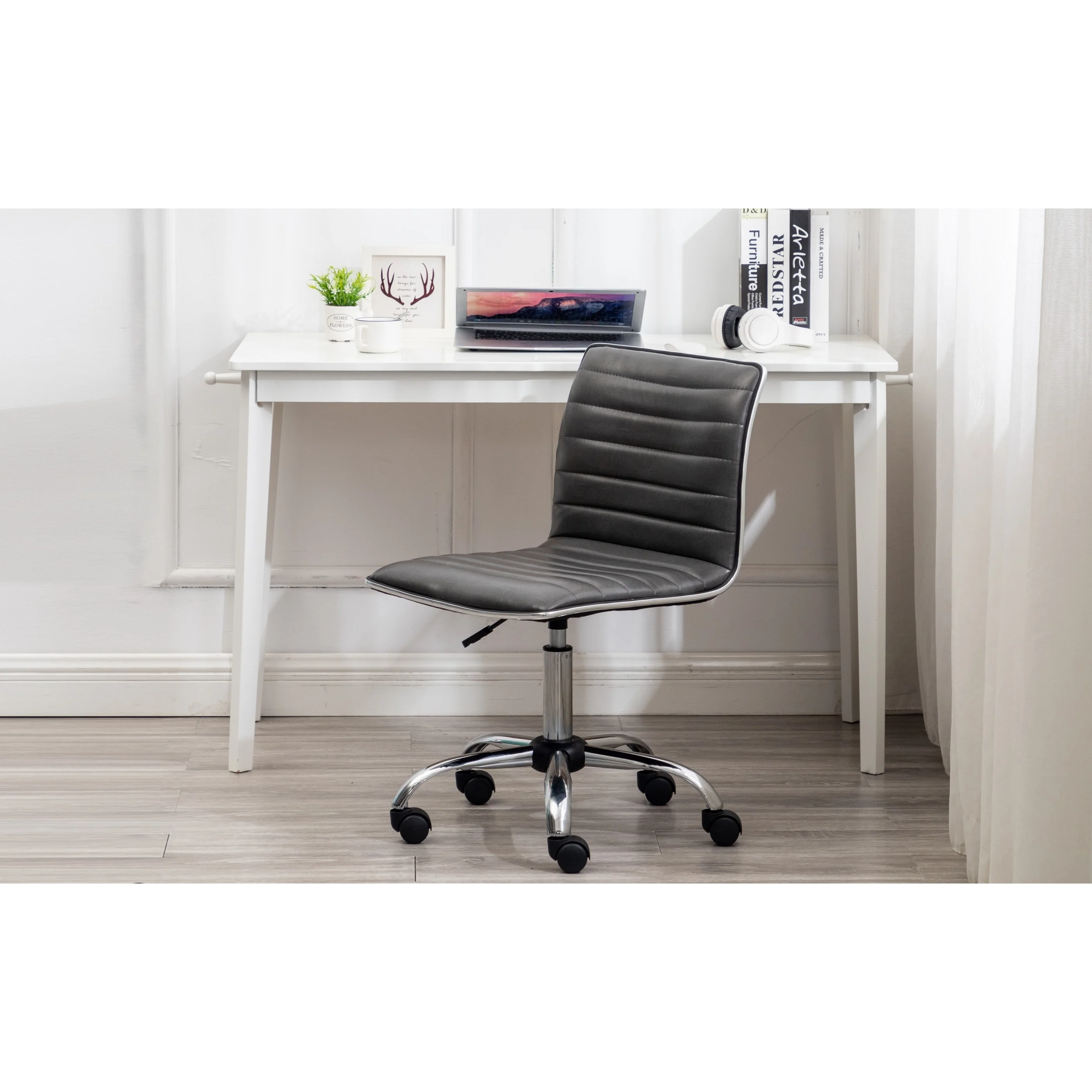 Swivel Mid Back Armless Ribbed Designer Task Chair Faux Leather Soft Upholstery Office Chair Gray