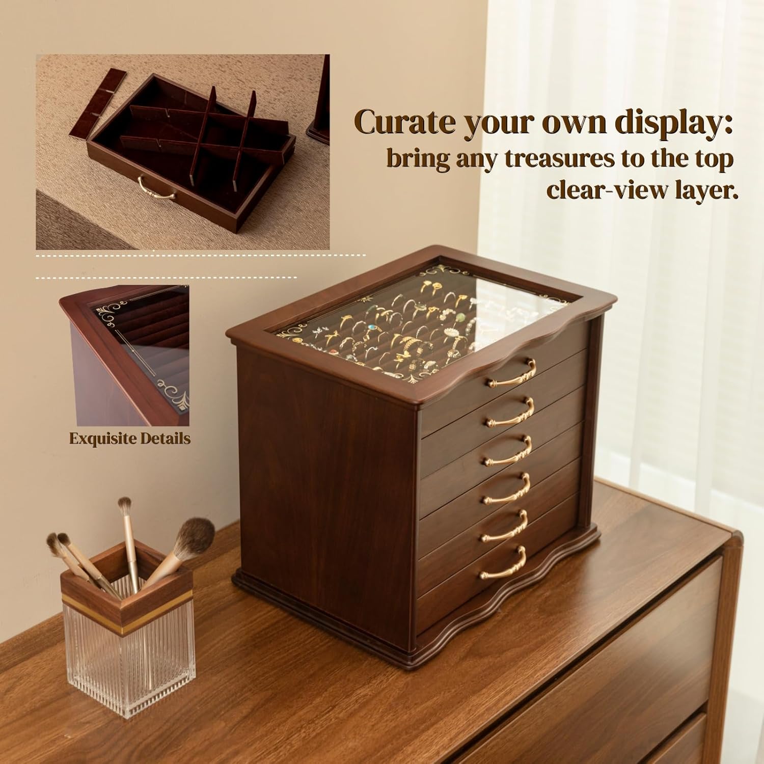 KINTNESS Black Walnut Wooden Jewelry Box - 6 Drawers Solid Wood Large Jewelry Organizer with Secret Compartment for Women Girls, Jewelry for Bracelet, Necklace, Ring, Earring