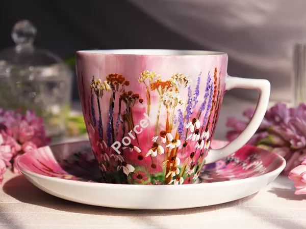 Filiżanka ze spodkiem 0,35 L / 17 cm ręcznie malowana - Łąka różowa (15) DA.FS35-15