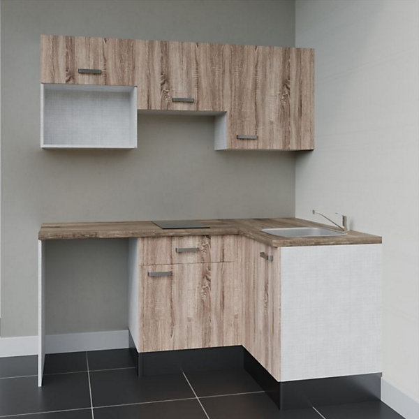 Kitchenette KA03 - 128 cm - Façades : Bois - Plan de travail : Bois - Crédences : Non - Evier