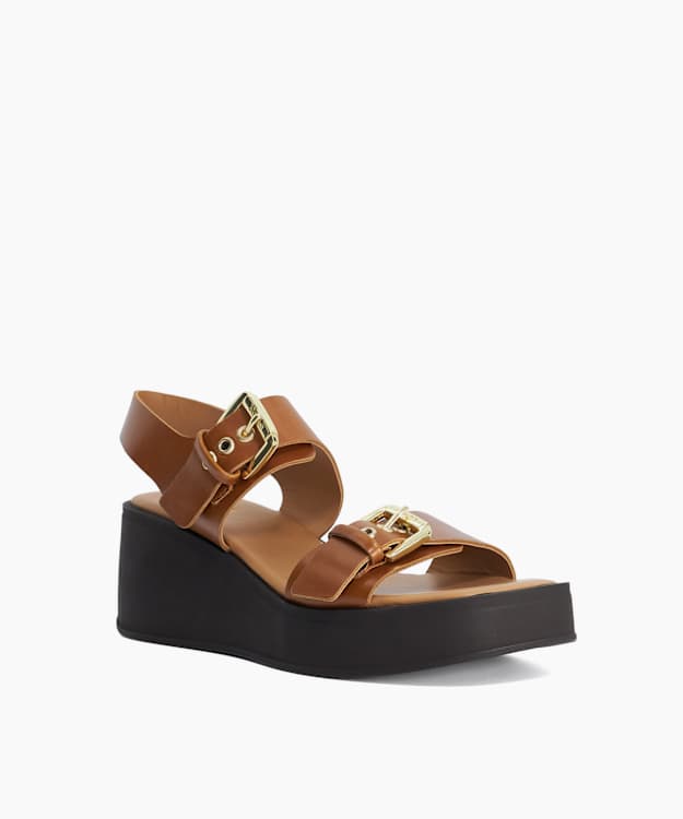 Karola Dark Tan - Wedge Double Buckle Sandals