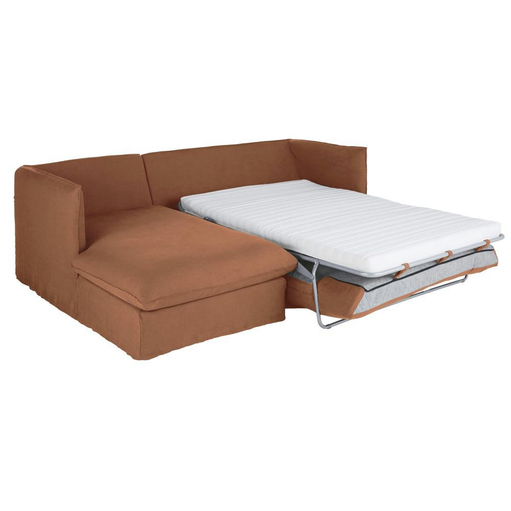 Louvain - Canapé d'angle gauche convertible 3/4 places en lin froissé orange de Sienne, matelas 10 cm