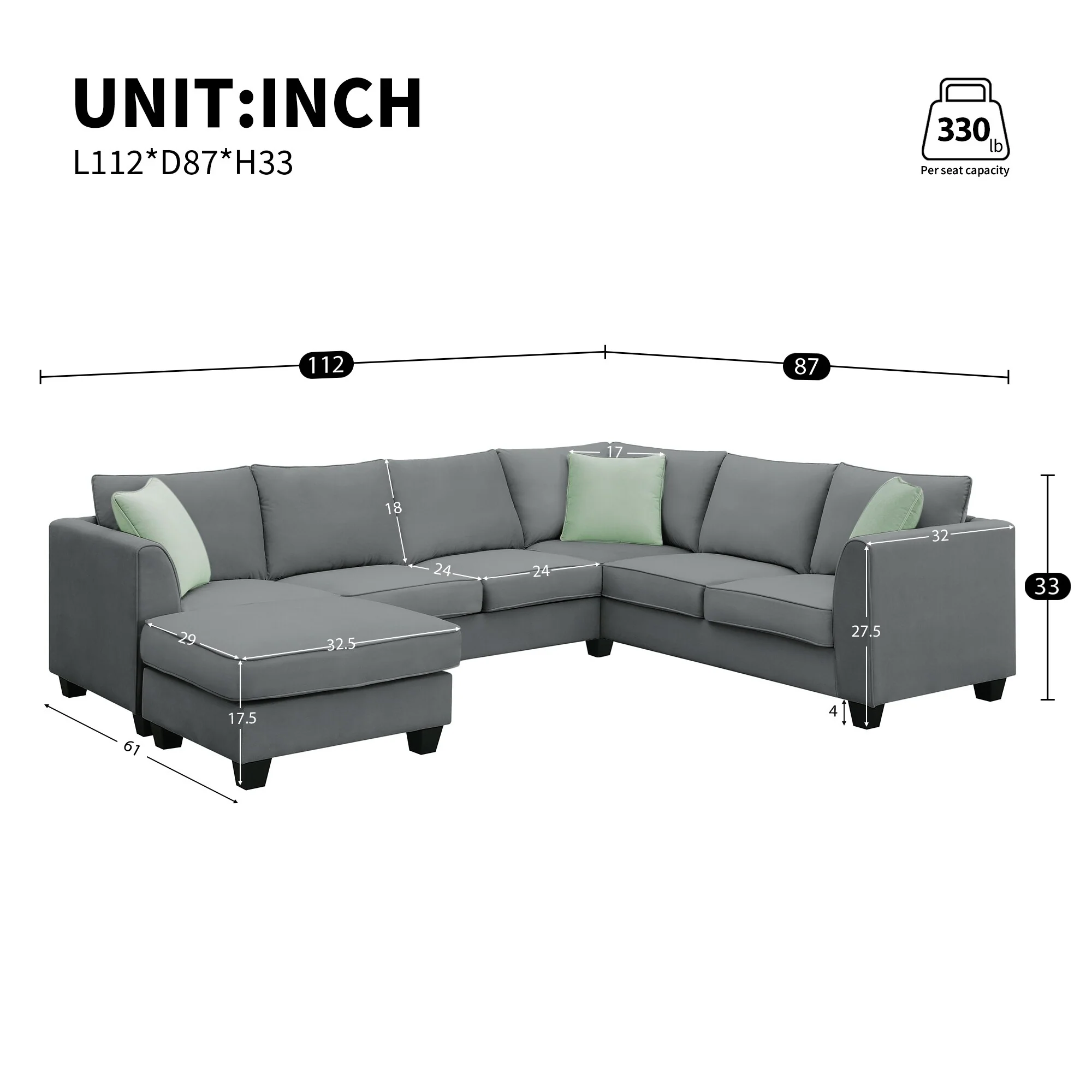Modern Sectional Sofa with Modular 3 Seater and Movable Ottoman for Family Living Rooms and Guest Room