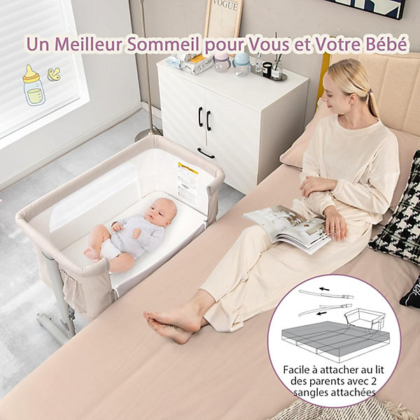 Berceau pour Bébé 3 en 1 Lit pour Cododo Portable avec Mode Berceau Matelas Amovible Hauteur Réglable Poches de Rangement Beige