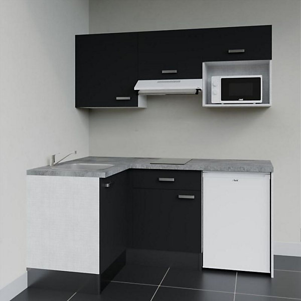 Kitchenette KA03 façades Noir - Plan de travail Gris béton - Crédences : Non - Evier inox - Electroménager Blanc inclus