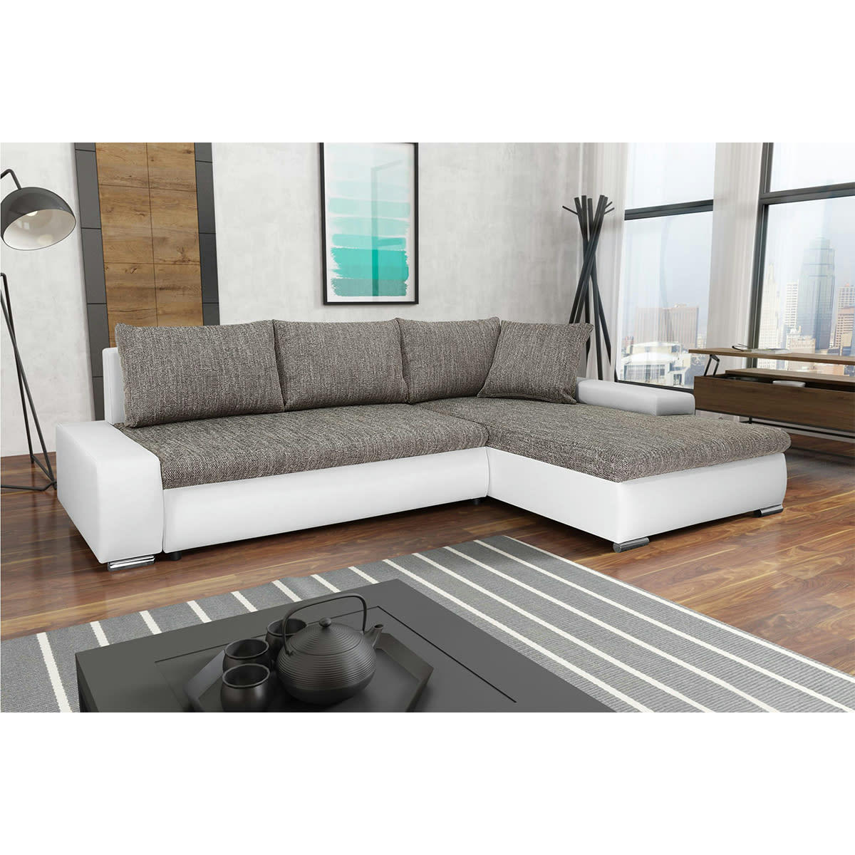 - Canapé d'angle convertible droit 4 places gris et blanc