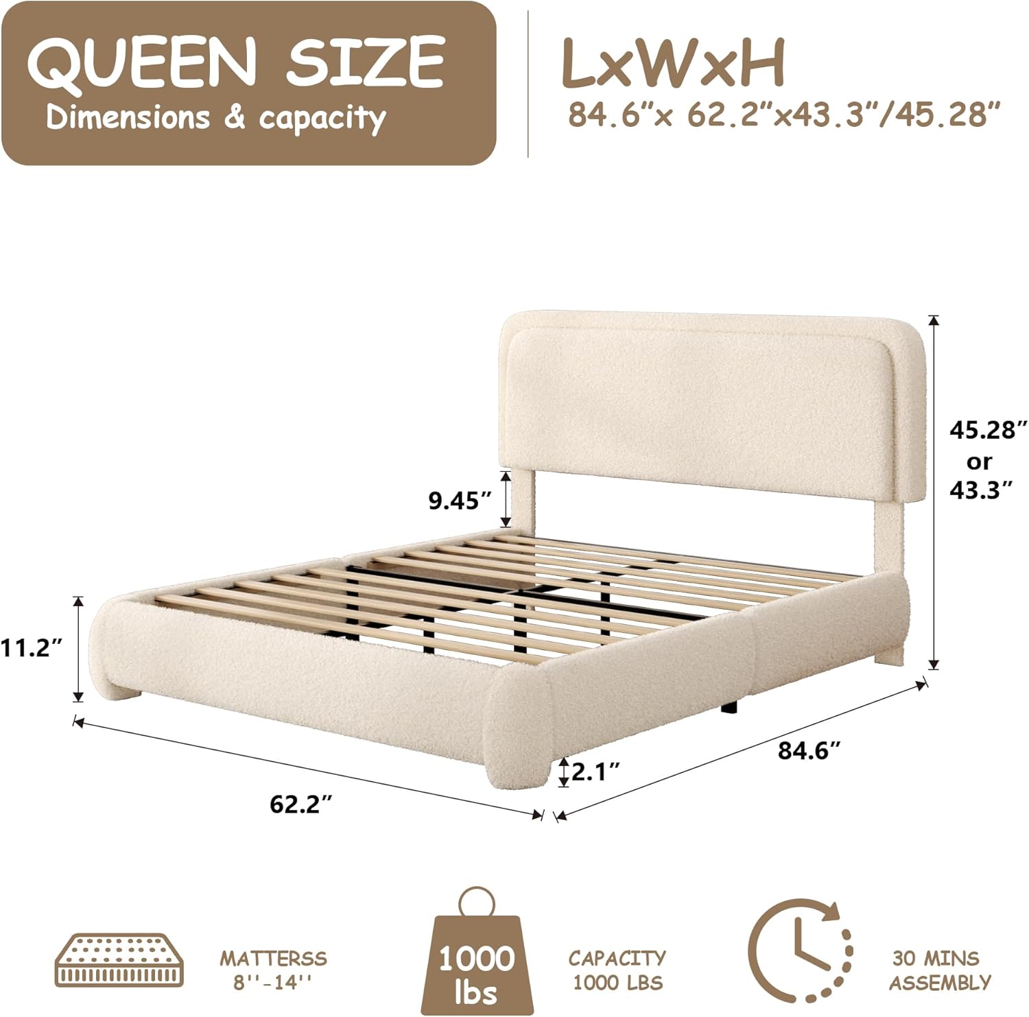 Queen Size Boucle Bed Frame, Upholstered Platform Bed with Height Adjustable Headboard & Soft Rounded Corners, Noise Free, Easy Assembly, No Box Spring Needed, Beige