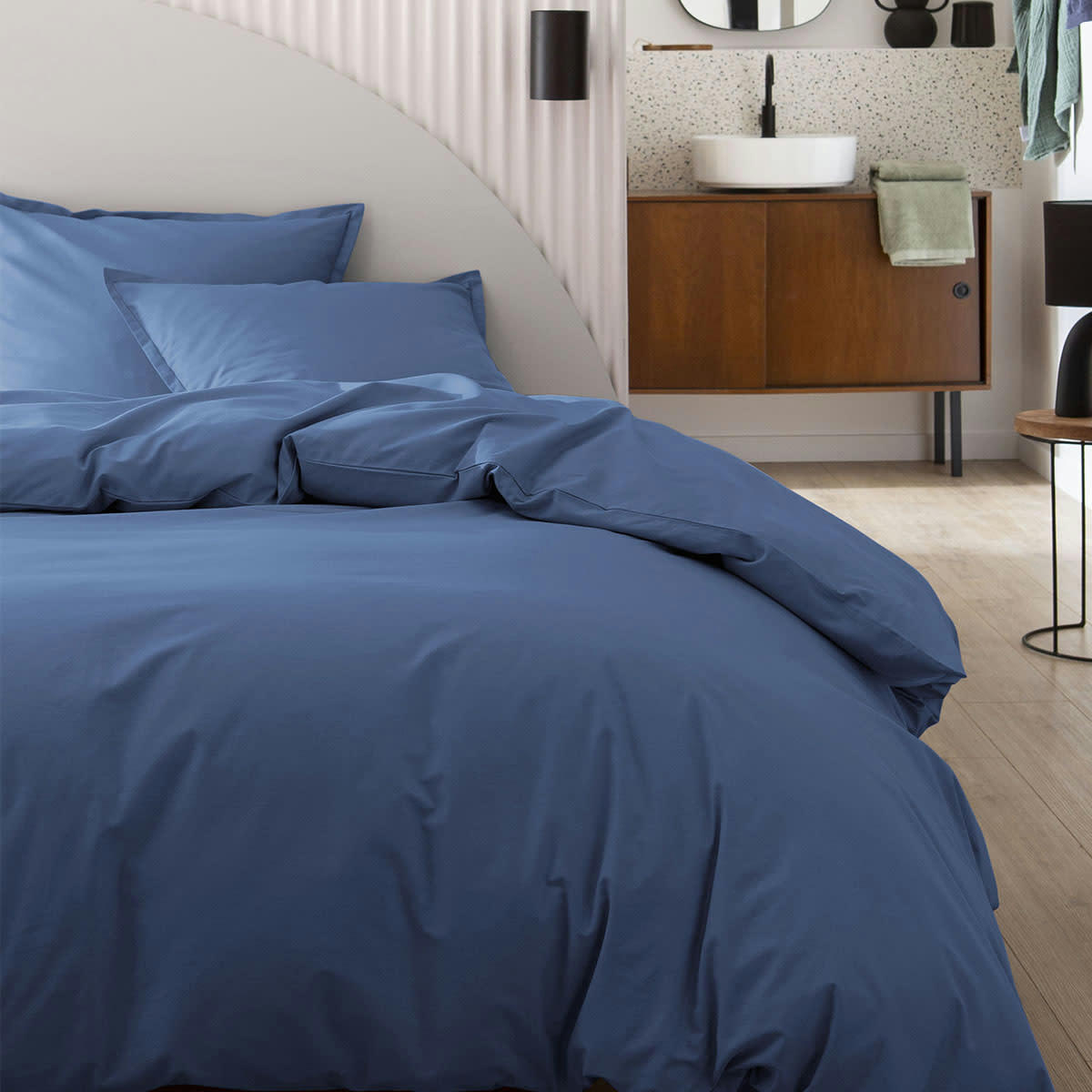 TOUT DOUX - Drap housse en coton  bleu denim 90x190 Made in France