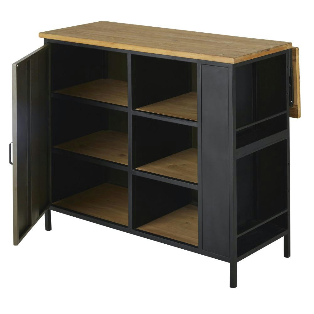 Harvey - Îlot central cuisine 1 porte en bois de sapin et métal noir