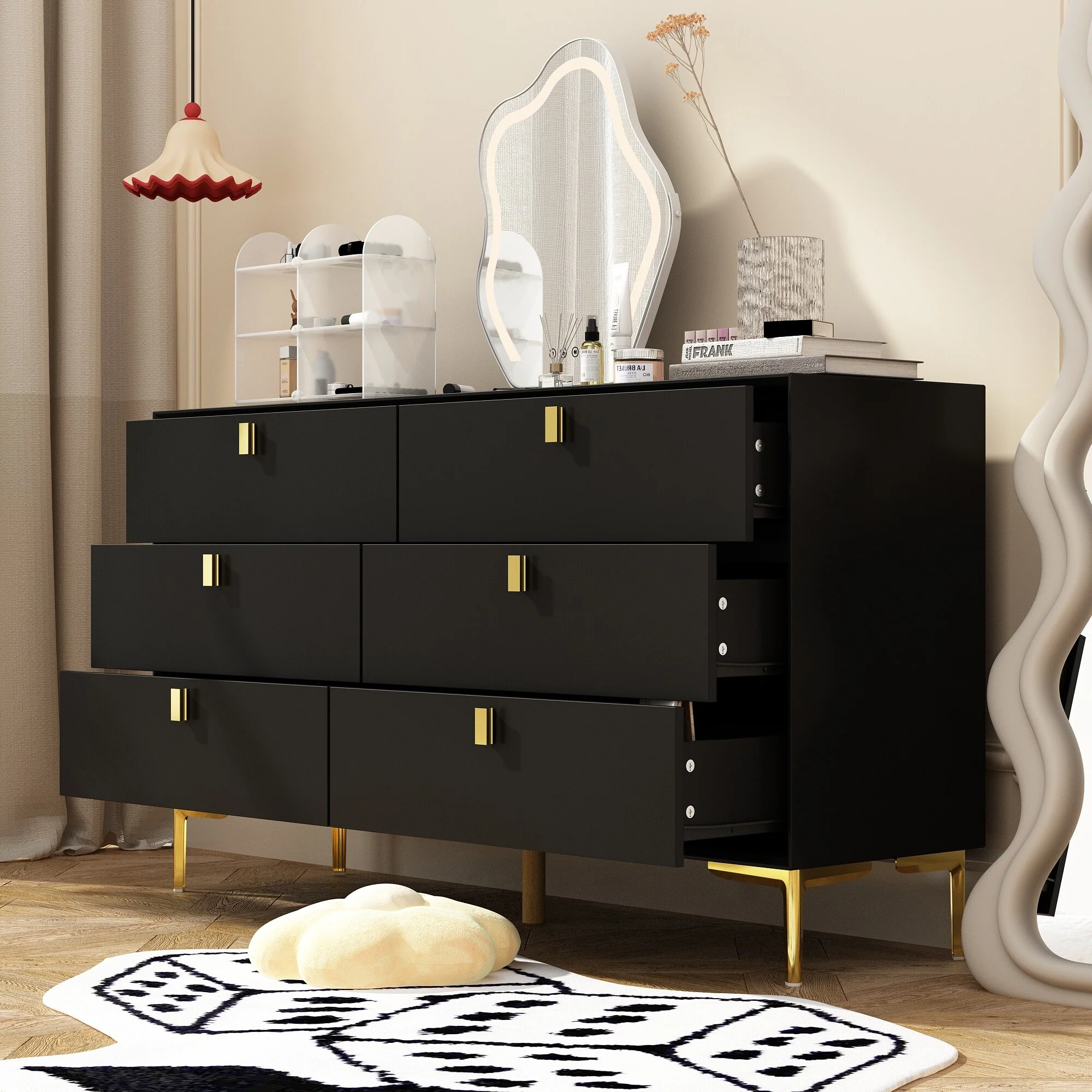 Dresser 6 Drawer Wood Dresser for Bedroom with Storage Modern Gold