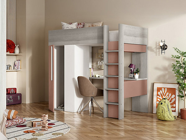 Lit mezzanine 90 x 200 cm avec armoire et bureau - Rose et blanc - NICOLAS