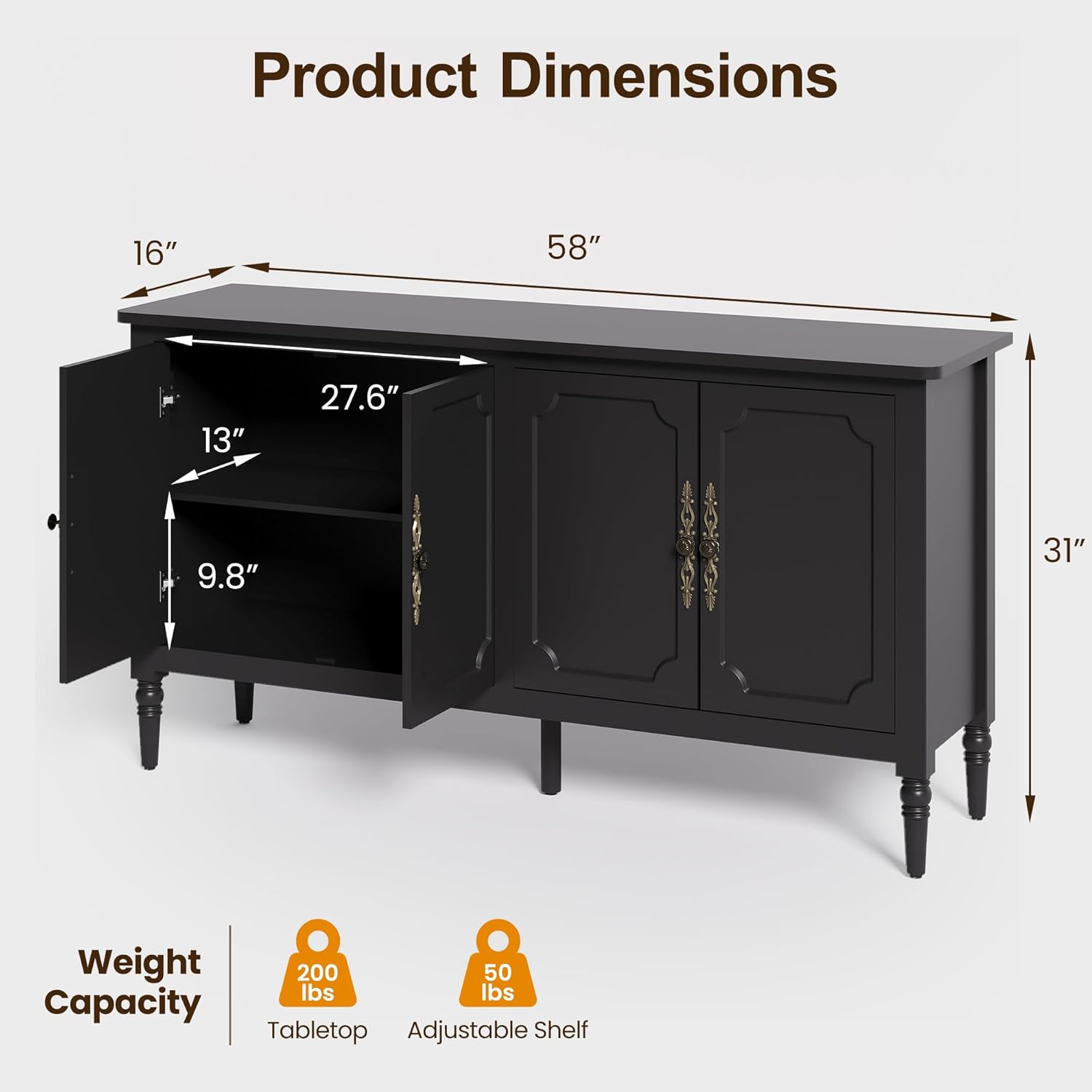 Console Table, 58'' Mid Century Modern Pantry Cabinet, Wood Buffet Sideboard, Media Credenza with 4 Doors, Accent Storage for Entryway, Living Room, Bedroom, Dining Room (Black)
