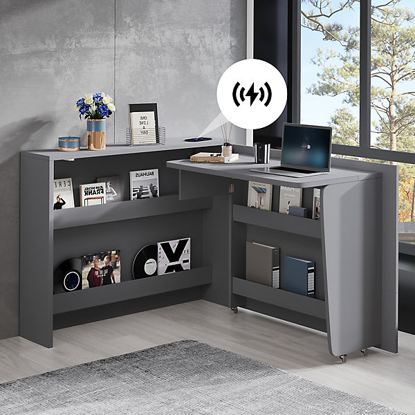 Bureau d'Angle 115x27x93 cm, Buffet Pliable 2-en-1, Chargeur Sans Fil, Roulettes et Protection Anti-Basculement - Gris Mat