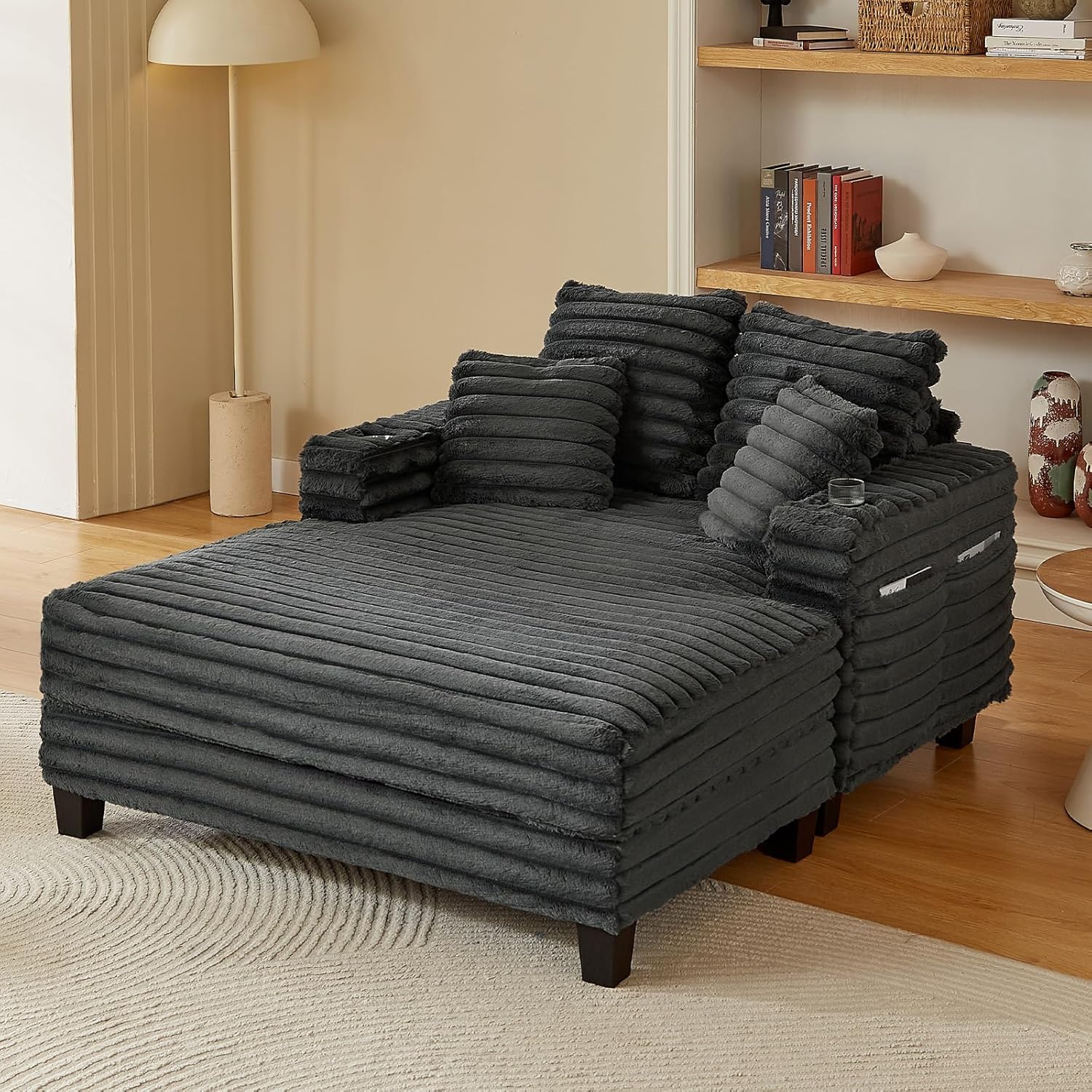64 Chaise Lounge Chair Indoor, Oversized Sleeper Chair with Wood Frame, Upholstered Sofa Bed for Living Room, Movie Room, Bedroom with 4 Storage Pockets&2 Cup Holders(Plush Corduroy, Grey)