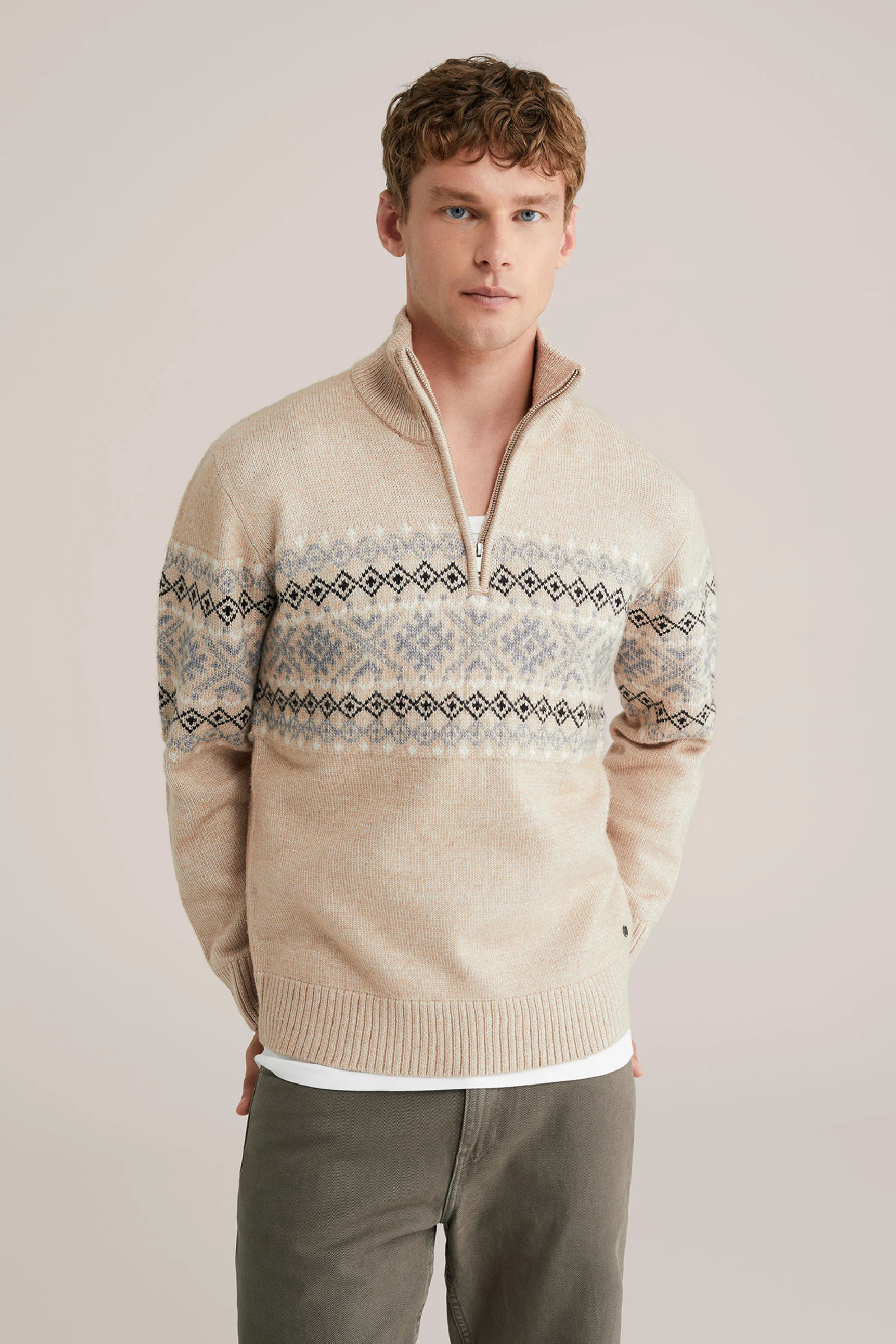 Heren regular fit gebreide trui met quarter-zip