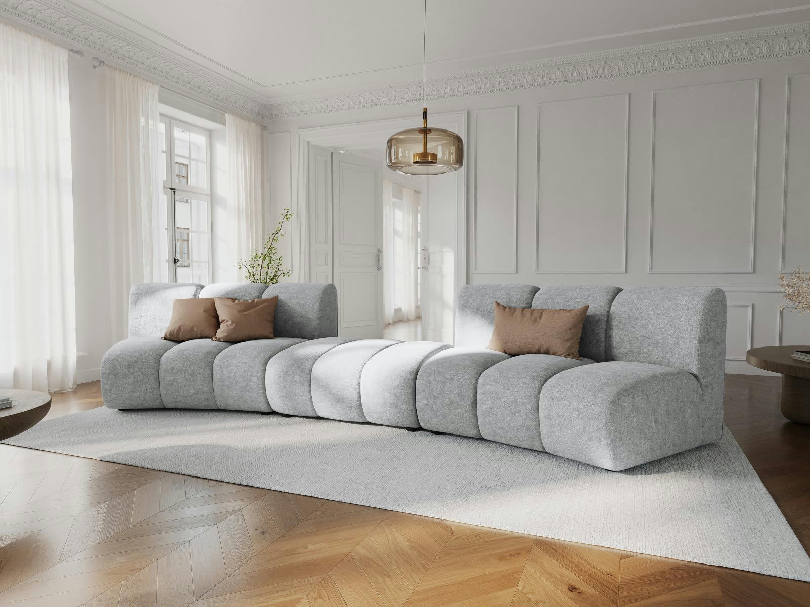 LUPINE - Canapé arrondi 5 places en tissu chenille gris clair