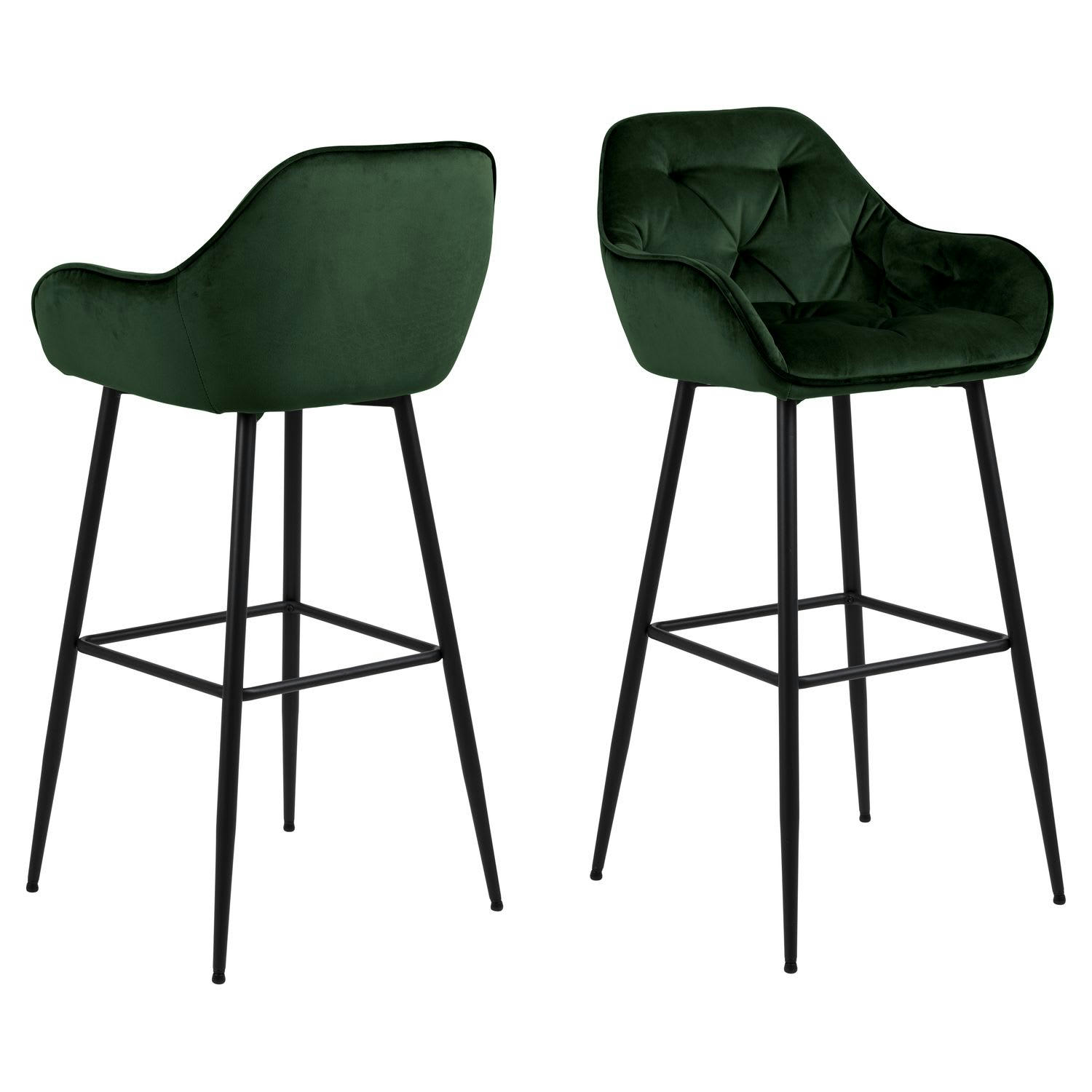 FLORIE - Lot de 2 tabourets de bar en tissu et métal vert